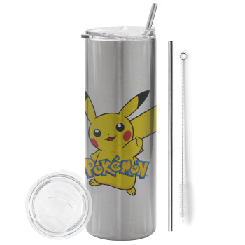 Pokemon pikachu, Eco friendly stainless steel Silver tumbler 600ml, with metal straw & cleaning brush