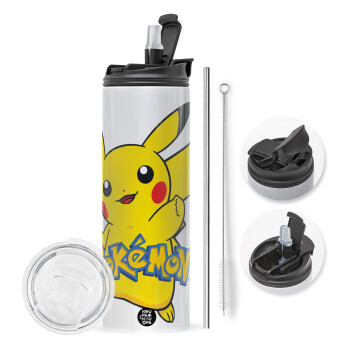 Pokemon pikachu, Travel Tumbler θερμό με διπλό καπάκι, μεταλλικό καλαμάκι και βούρτσα καθαρισμού (Ανωξείδωτο 304 Food grade, BPA free, 600ml)