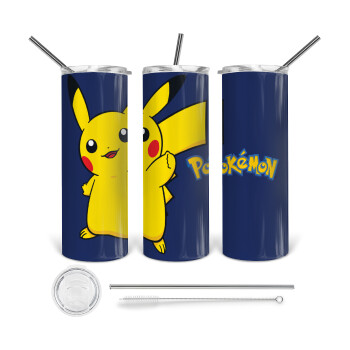 Pokemon pikachu, 360 Eco friendly ποτήρι θερμό (tumbler) από ανοξείδωτο ατσάλι 600ml, με μεταλλικό καλαμάκι & βούρτσα καθαρισμού