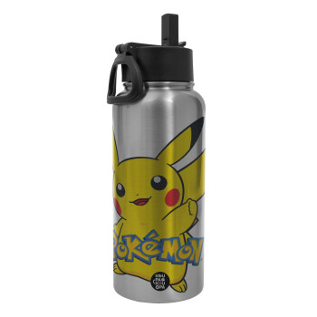 Pokemon pikachu, Μεταλλικό παγούρι θερμός Silver με καλαμάκι και χερούλι (Stainless steel), διπλού τοιχώματος, 950ml