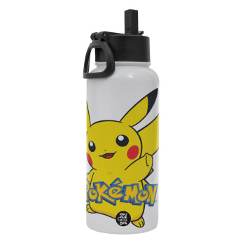 Pokemon pikachu, Metal mug thermo White with Straw and Spout Lid (Stainless steel), double wall, 950ml