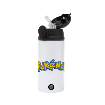 Pokemon, Children's hot water bottle, stainless steel, with safety straw, Black (360ml) BPA-FREE