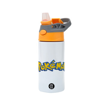 Pokemon, Children's hot water bottle, stainless steel, with safety straw, Orange/Grey (360ml) BPA-FREE