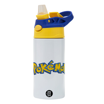 Pokemon, Children's hot water bottle, stainless steel, with safety straw, green, blue (360ml) BPA FREE