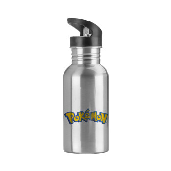 Pokemon, Water bottle Silver with straw, stainless steel 600ml