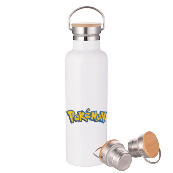 Pokemon, Stainless steel White with wooden lid (bamboo), double wall, 750ml