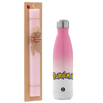 Pokemon, Easter Set, Metallic pink/white (Stainless steel) thermos, double-walled, 500ml & aromatic flat Easter candle (30cm) (PINK)