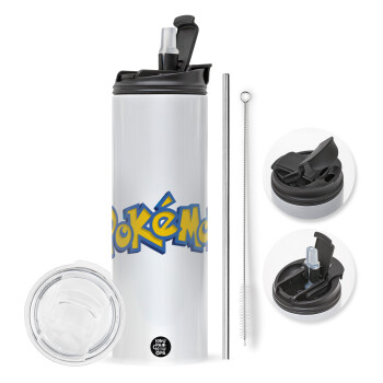 Pokemon, Travel Tumbler 2 Lids, with metal straw & cleaning brush (Stainless steel 304 Food grade, BPA free, 600ml)