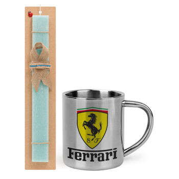 Ferrari S.p.A., Easter Set, metallic thermal cup (300ml) & aromatic flat Easter candle (30cm) (TURQUOISE)