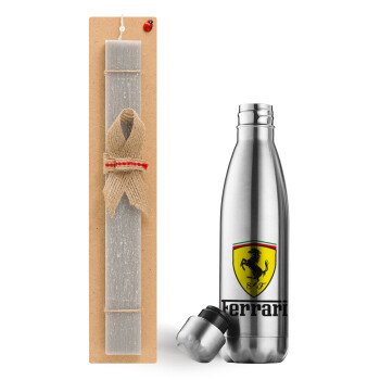 Ferrari S.p.A., Easter Set, metallic stainless thermos flask (500ml) & scented flat Easter candle (30cm) (GRAY)