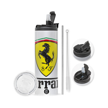 Ferrari S.p.A., Travel Tumbler θερμό με διπλό καπάκι, μεταλλικό καλαμάκι και βούρτσα καθαρισμού (Ανωξείδωτο 304 Food grade, BPA free, 600ml)