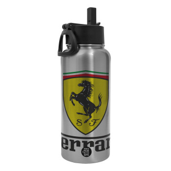 Ferrari S.p.A., Metal mug thermo Silver with Straw and Spout Lid (Stainless steel), double wall, 950ml