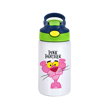Pink Panther cartoon, Children's hot water bottle, stainless steel, with safety straw, green, blue (350ml)