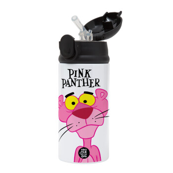 Pink Panther cartoon, Children's hot water bottle, stainless steel, with safety straw, Black (360ml) BPA-FREE