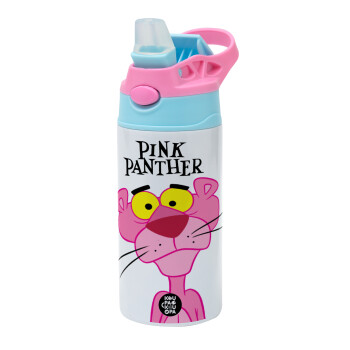 Pink Panther cartoon, Children's hot water bottle, stainless steel, with safety straw, Pink/BlueCiel (360ml) BPA FREE