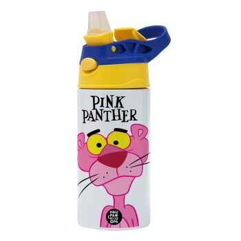 Pink Panther cartoon, Παιδικό παγούρι θερμό, ανοξείδωτο, με καλαμάκι ασφαλείας, πράσινο/μπλε (360ml) BPA FREE