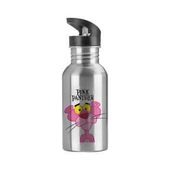Pink Panther cartoon, Water bottle Silver with straw, stainless steel 600ml