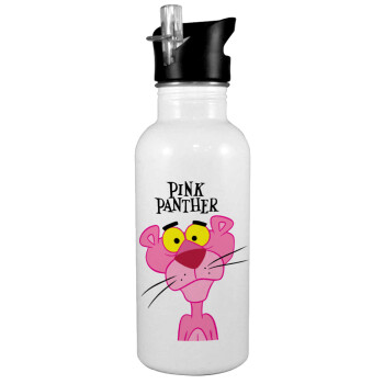 Pink Panther cartoon, White water bottle with straw, stainless steel 600ml