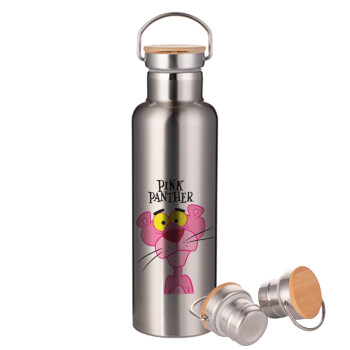 Pink Panther cartoon, Stainless steel Silver with wooden lid (bamboo), double wall, 750ml