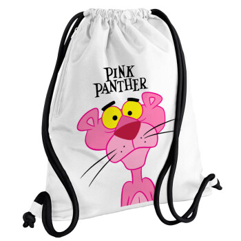 Pink Panther cartoon, Backpack pouch GYMBAG white, with pocket (40x48cm) & thick cords