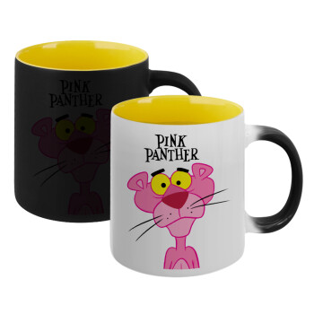 Pink Panther cartoon, Κούπα Μαγική εσωτερικό κίτρινη, κεραμική 330ml που αλλάζει χρώμα με το ζεστό ρόφημα