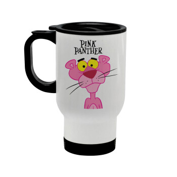 Pink Panther cartoon, Stainless steel travel mug with lid, double wall white 450ml