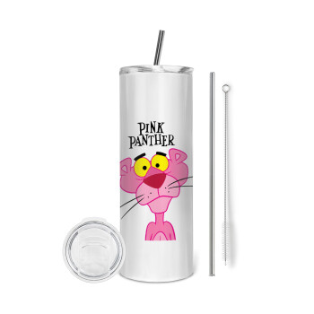 Pink Panther cartoon, Tumbler ποτήρι θερμό από ανοξείδωτο ατσάλι 600ml, με μεταλλικό καλαμάκι & βούρτσα καθαρισμού