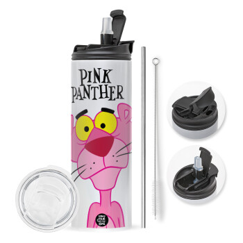 Pink Panther cartoon, Travel Tumbler θερμό με διπλό καπάκι, μεταλλικό καλαμάκι και βούρτσα καθαρισμού (Ανωξείδωτο 304 Food grade, BPA free, 600ml)