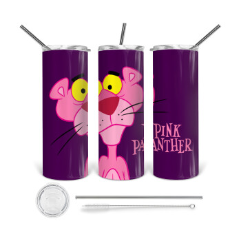 Pink Panther cartoon, Tumbler ποτήρι θερμό από ανοξείδωτο ατσάλι 600ml, με μεταλλικό καλαμάκι & βούρτσα καθαρισμού