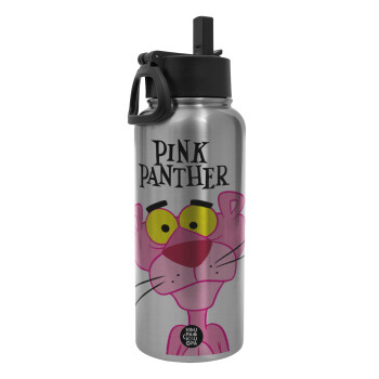 Pink Panther cartoon, Μεταλλικό παγούρι θερμός Silver με καλαμάκι και χερούλι (Stainless steel), διπλού τοιχώματος, 950ml