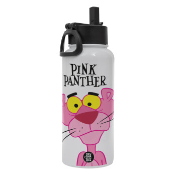 Pink Panther cartoon, Μεταλλικό παγούρι θερμός Λευκό με καλαμάκι και χερούλι (Stainless steel), διπλού τοιχώματος, 950ml