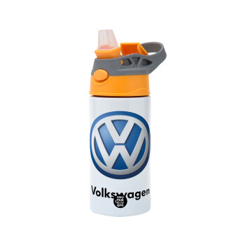 VW Volkswagen, Children's hot water bottle, stainless steel, with safety straw, Orange/Grey (360ml) BPA-FREE