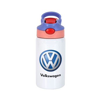 VW Volkswagen, Παιδικό παγούρι θερμό, ανοξείδωτο, με καλαμάκι ασφαλείας, ροζ/μωβ (350ml)