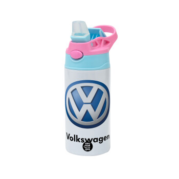 VW Volkswagen, Children's hot water bottle, stainless steel, with safety straw, Pink/BlueCiel (360ml) BPA FREE