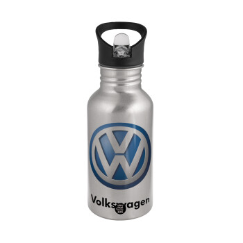 VW Volkswagen, Water bottle Silver with straw, stainless steel 500ml