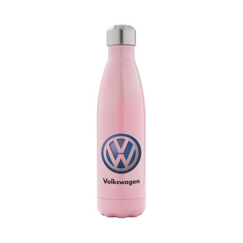 VW Volkswagen, Μεταλλικό παγούρι θερμός Ροζ Ιριδίζον (Stainless steel), διπλού τοιχώματος, 500ml