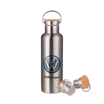 VW Volkswagen, Stainless steel Silver with wooden lid (bamboo), double wall, 750ml