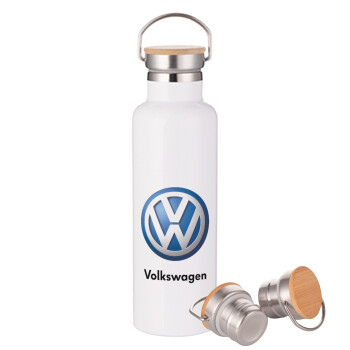 VW Volkswagen, Μεταλλικό παγούρι θερμός (Stainless steel) Λευκό με ξύλινο καπακι (bamboo), διπλού τοιχώματος, 750ml