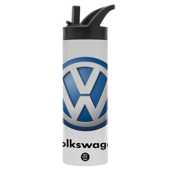 VW Volkswagen, Μεταλλικό παγούρι θερμός με καλαμάκι & χειρολαβή, ανοξείδωτο ατσάλι (Stainless steel 304), διπλού τοιχώματος, 600ml