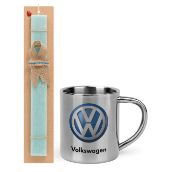 VW Volkswagen, Easter Set, metallic thermal cup (300ml) & aromatic flat Easter candle (30cm) (TURQUOISE)