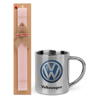 VW Volkswagen, Easter Set, metallic thermal cup (300ml) & aromatic flat Easter candle (30cm) (PINK)