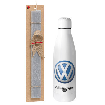 VW Volkswagen, Easter Set, metallic Inox water bottle (700ml) & Easter scented flat candle (30cm) (GRAY)