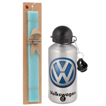 VW Volkswagen, Easter Set, metallic silver aluminum water bottle (500ml) & scented flat Easter candle (30cm) (TURQUOISE)