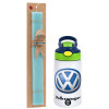 Easter Set, Children's thermal stainless steel bottle with safety straw, green/blue (350ml) & aromatic flat Easter candle (30cm) (TURQUOISE)