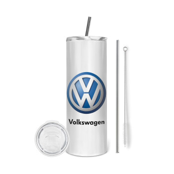 VW Volkswagen, Tumbler ποτήρι θερμό από ανοξείδωτο ατσάλι 600ml, με μεταλλικό καλαμάκι & βούρτσα καθαρισμού