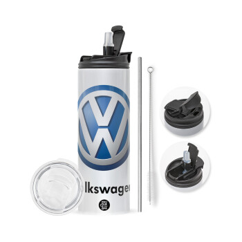 VW Volkswagen, Travel Tumbler θερμό με διπλό καπάκι, μεταλλικό καλαμάκι και βούρτσα καθαρισμού (Ανωξείδωτο 304 Food grade, BPA free, 600ml)