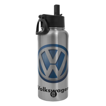 VW Volkswagen, Metal mug thermo Silver with Straw and Spout Lid (Stainless steel), double wall, 950ml