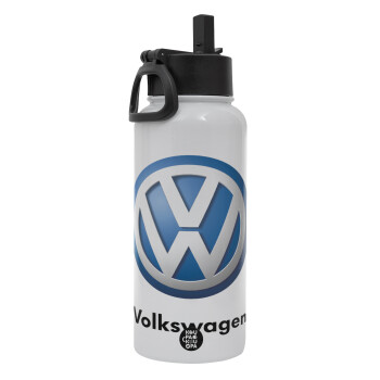 VW Volkswagen, Metal mug thermo White with Straw and Spout Lid (Stainless steel), double wall, 950ml