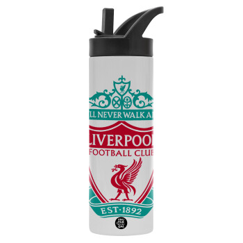 Liverpool, Metallic thermos bottle with straw & handle, stainless steel (Stainless steel 304), double-walled, 600ml.