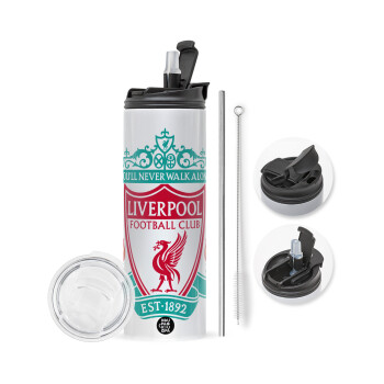 Liverpool, Travel Tumbler θερμό με διπλό καπάκι, μεταλλικό καλαμάκι και βούρτσα καθαρισμού (Ανωξείδωτο 304 Food grade, BPA free, 600ml)